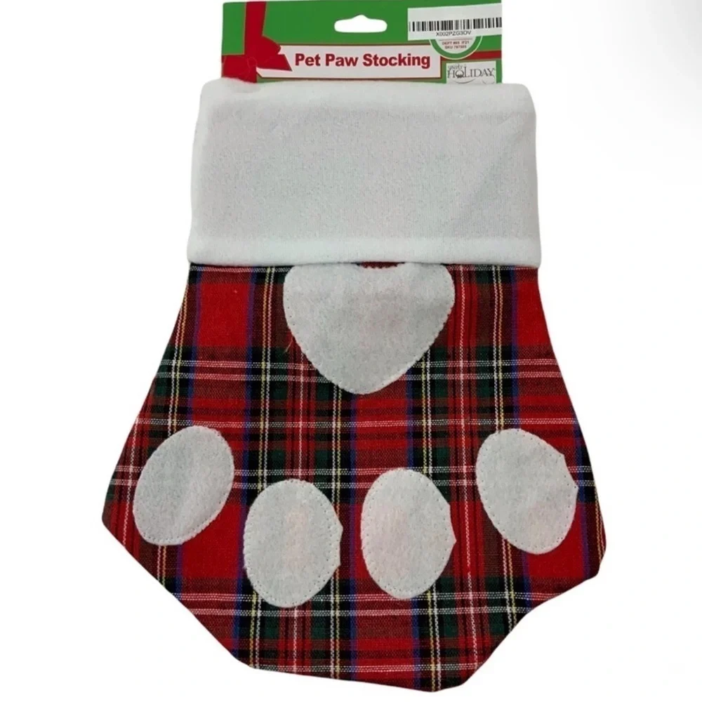 Pet Christmas Holiday Stocking Pet Paw Tartan Plaid Red White Multicolor